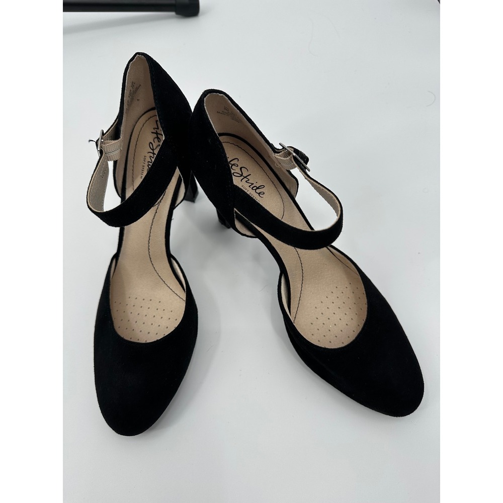 Life Stride Women's Black Suede‎ Mary Jane Heels Ankle Strap Pumps Shoes